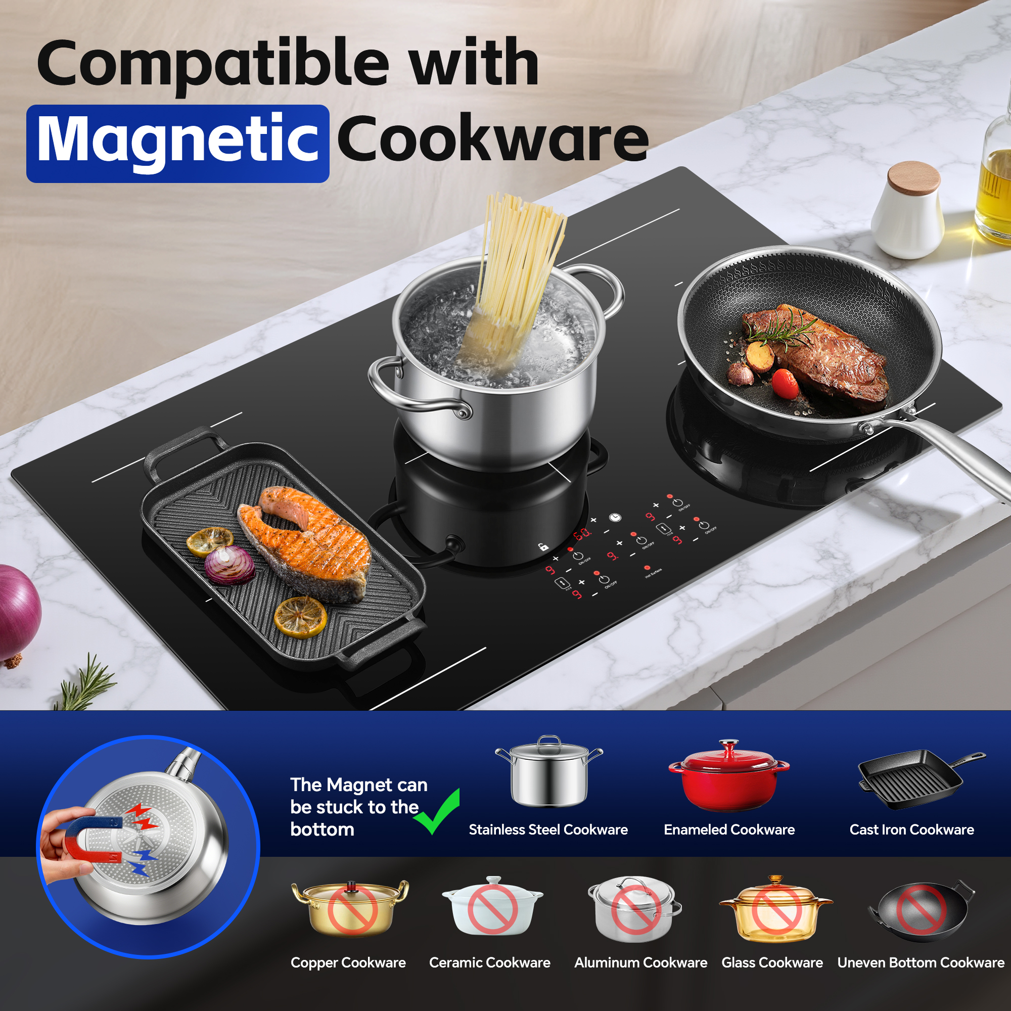 Amzgachfktch 36" 10800W Induction Cooktop with 5 Zones & Boost Function in Black