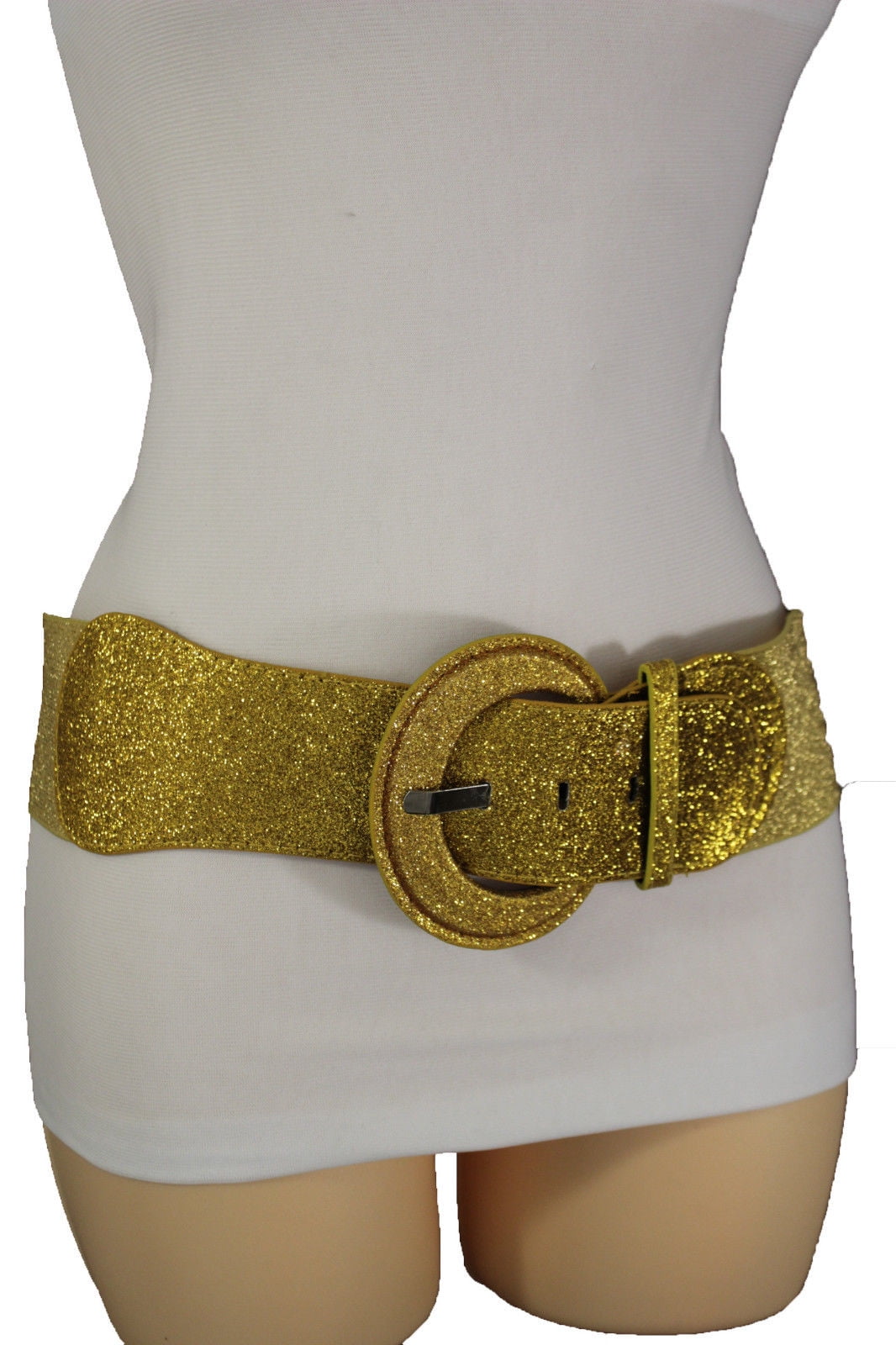 Women Wide Elastic Champagne Belt Hip High Waist Gold Metal Hook Buckle Size S M 