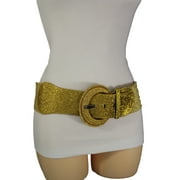 women wide fashion elastic belt hip high waist sparkling shiny gold size XS S M