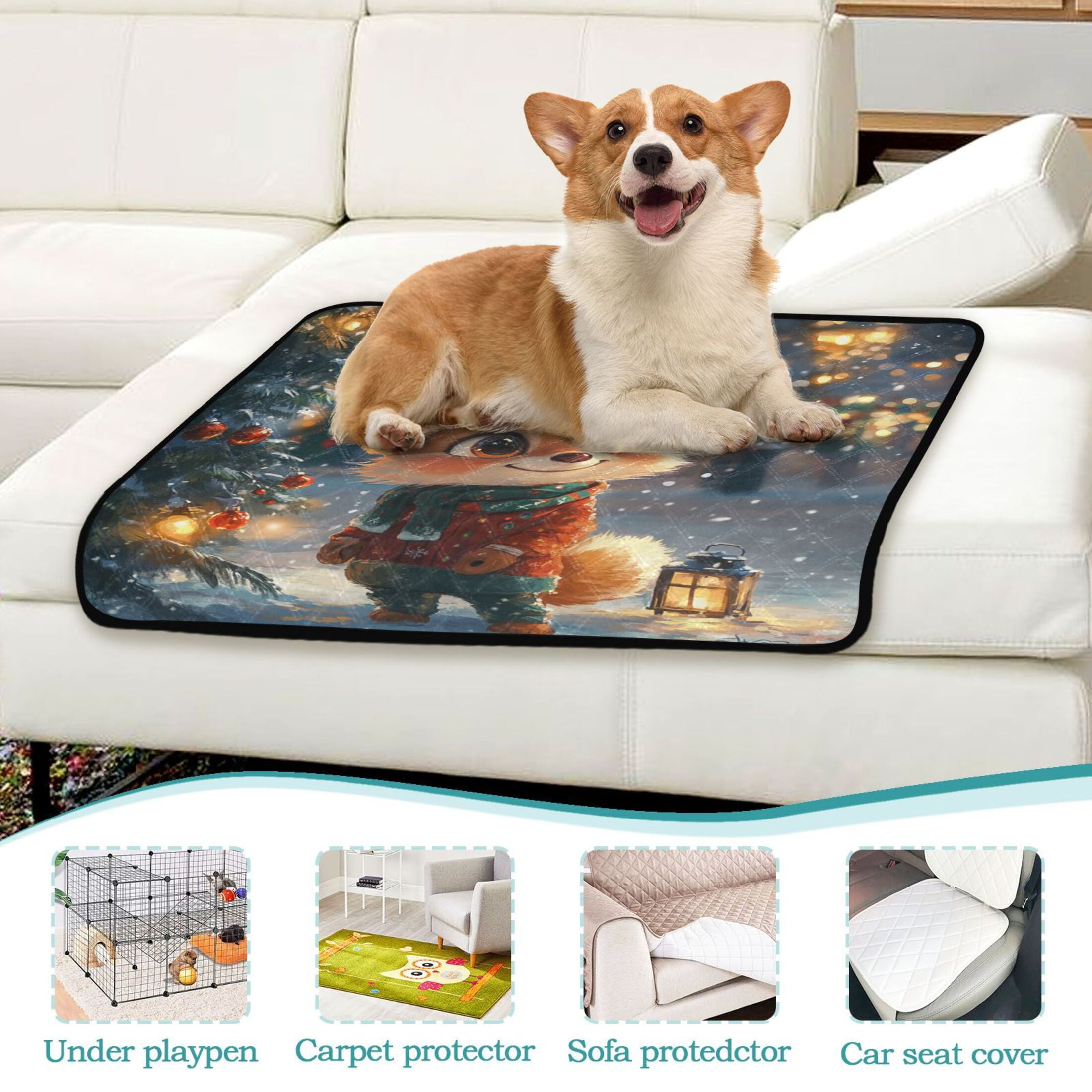 Qxltty Cute Little Fox Wearing A Christmas Hat Cat litter Pads Pet Set of 2 Diaper Mats Center Anti-leakage Layer Absorbent Soft and Comfortable