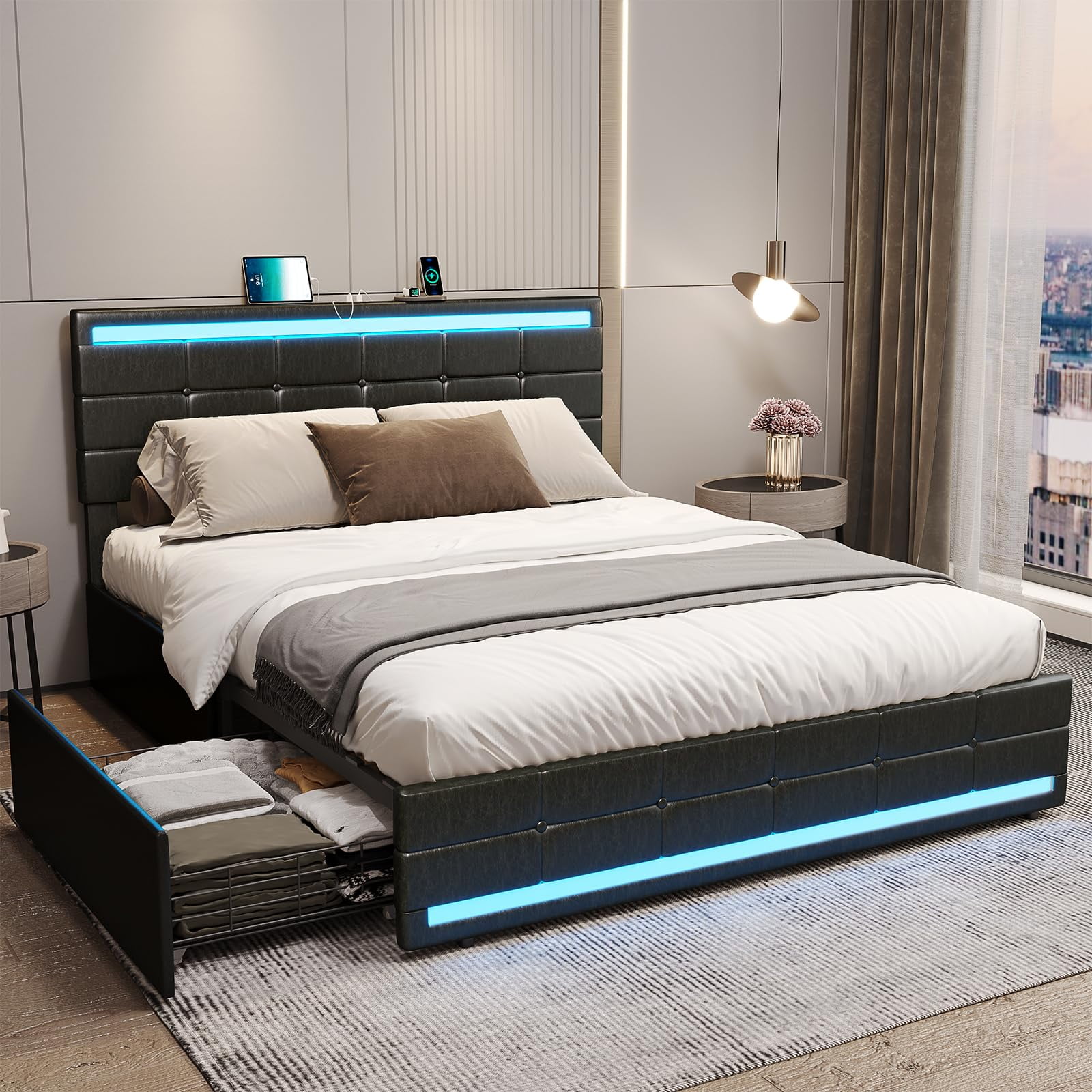 Amuzer Queen Size Bed Frame with USB, Upholstered Platform Bed Frame with Drawers and LED Lights, Black
