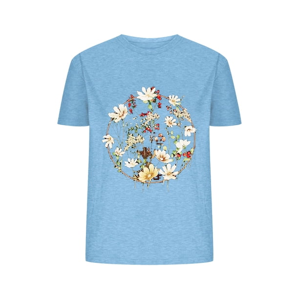 Blusas de Verano de las Mujeres Flor Impresa Cuello Redondo Manga Corta Superior, Verano Superior de las Mujeres