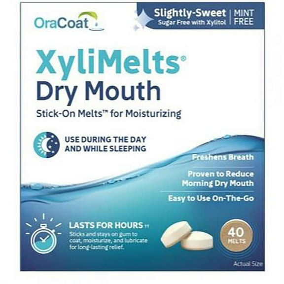 OraCoat XyliMelts Dry Mouth Relief Moisturizing Oral Adhering Discs 40 Count, Slightly Sweet with Xylitol, for Dry Mouth, Stimulates Saliva, Non-Acidic