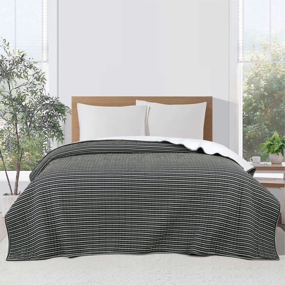 Mainstays Cotton-Rich T-Shirt Soft Jersey Quilt, Queen/Full, Reversible, Black Stripe