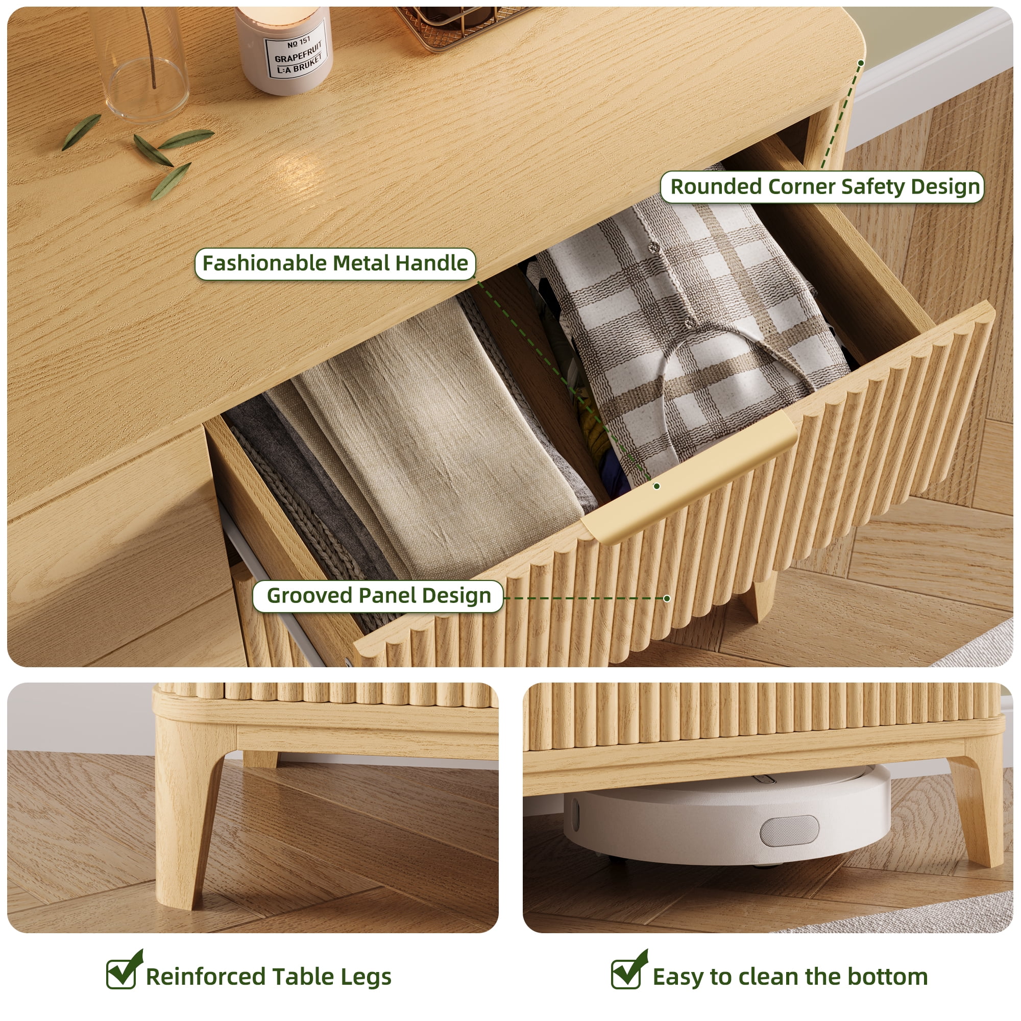 UGTOO 62.9" Extra length 9-Drawers Dresser, Natural Wood Storage Cabinet with Gold Handles Multi-Functional Organizer for Bedroom, Living Room & Kitchen, 25 lbs/Drawer Capacity