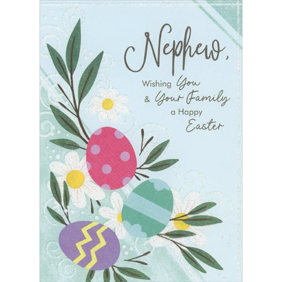 Designer Greetings Red, Green and Purple Eggs Over Sparkling Daisies Easter Card for Nephew and Family