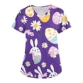 thumbnail image 3 of Scrub Tops Women Print，Easter Scrub Tops Women Bunny Egg Hunt Print Medical Scrubs Top Stretchy V Neck Short Sleeve Nurse Uniforms，Purple，XXXXL, 3 of 5