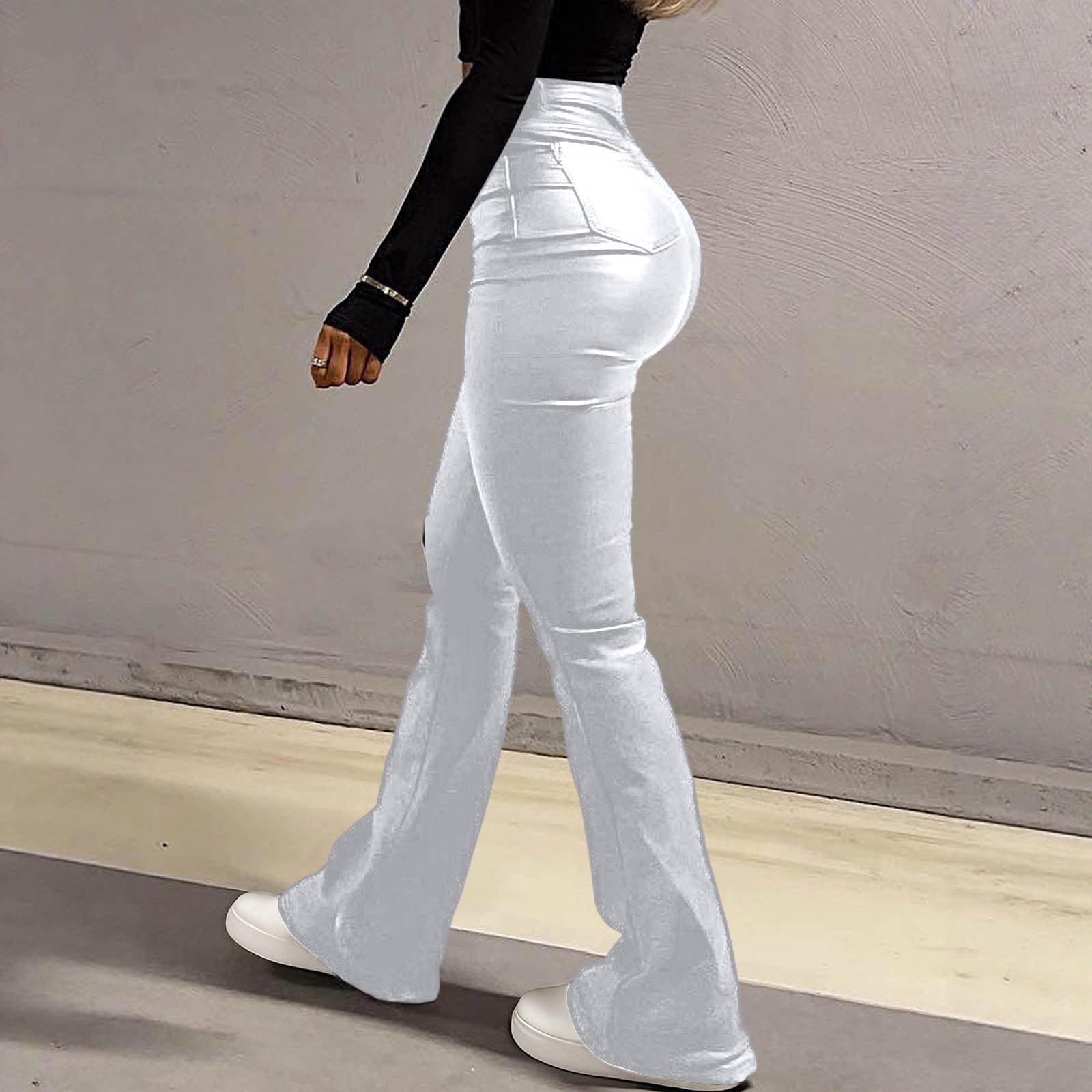 2026 Women Faux Leather Pants PU High Waist Straight Leg Pant with Pockets Fashion Flare Pants Trendy Streetwear