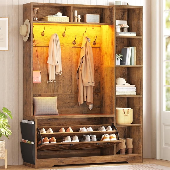 Itaar Hall Tree with Bench and Shoe Storage, Farmhouse Entryway Bench with Coat Rack, Shoe Cabinet with Flip Drawers, 7 Shelves, 10 Coat Hooks, Storage Bag, Led Lights, Rustic Brown