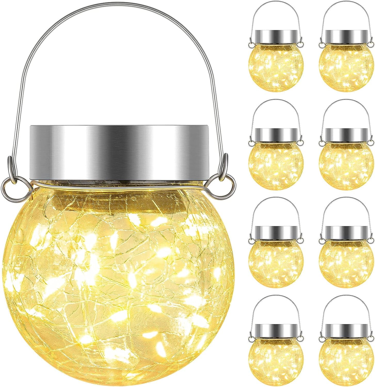 LINLIN 8 Pack Solar Hanging Lights Outdoor, Cracked Glass Solar Ball LED Lights, Solar Powered