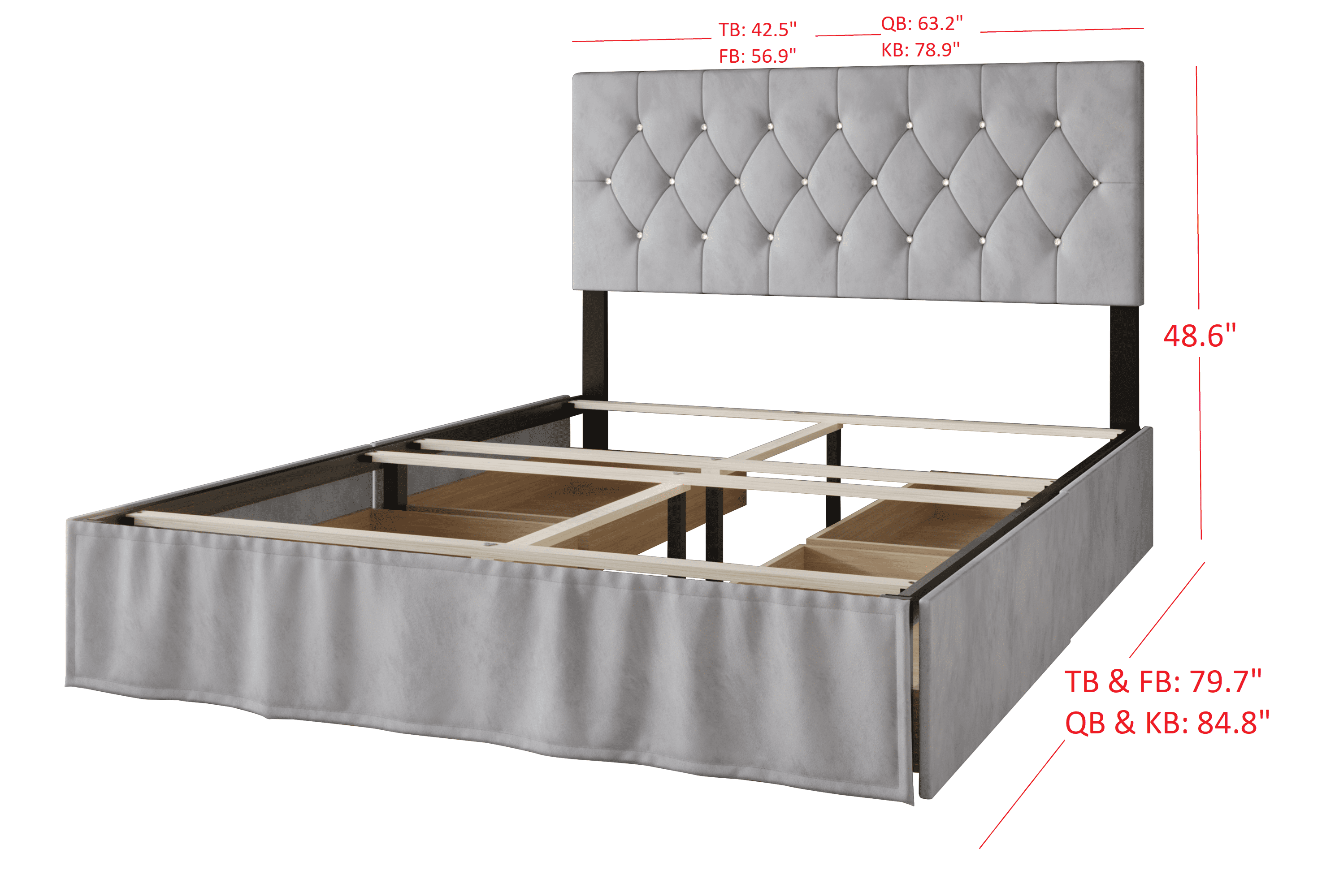 Home Design Jovita Queen Tufted Upholstered Storage Panel Bed Frame with Diamond Button Tufting and Four Drawers, Silver Gray, Easy Assembly
