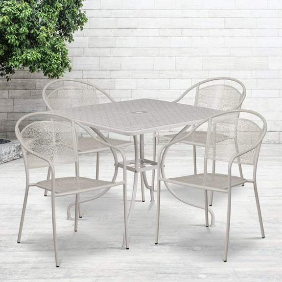 Flash Furniture Commercial Grade 35.5" Square Light Gray Indoor-Outdoor Steel Patio Table Set with 4 Round Back Chairs