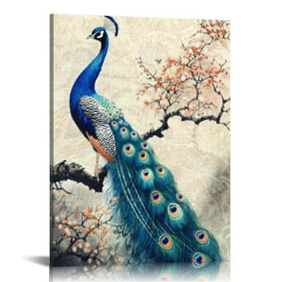 ONETECH Peacock Wall Art Decor for Bedroom, PIY Beautiful Painting Canvas Prints, Elegant on Beige Pictures (Waterproof Artwork, Ready to Hang 12x16 in