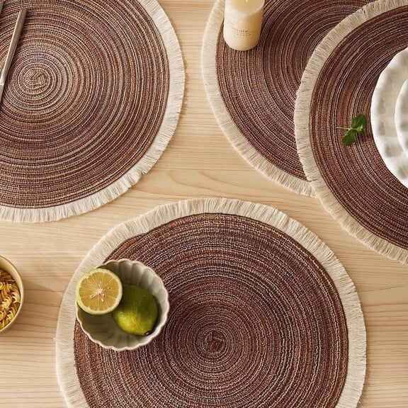 Hot Round Braided Placemats Set of 4 Washable PP Heat Resistant 38cm Table Place Mat for Kitchen Xmas Dining Table Party Decor (Brown, 4)