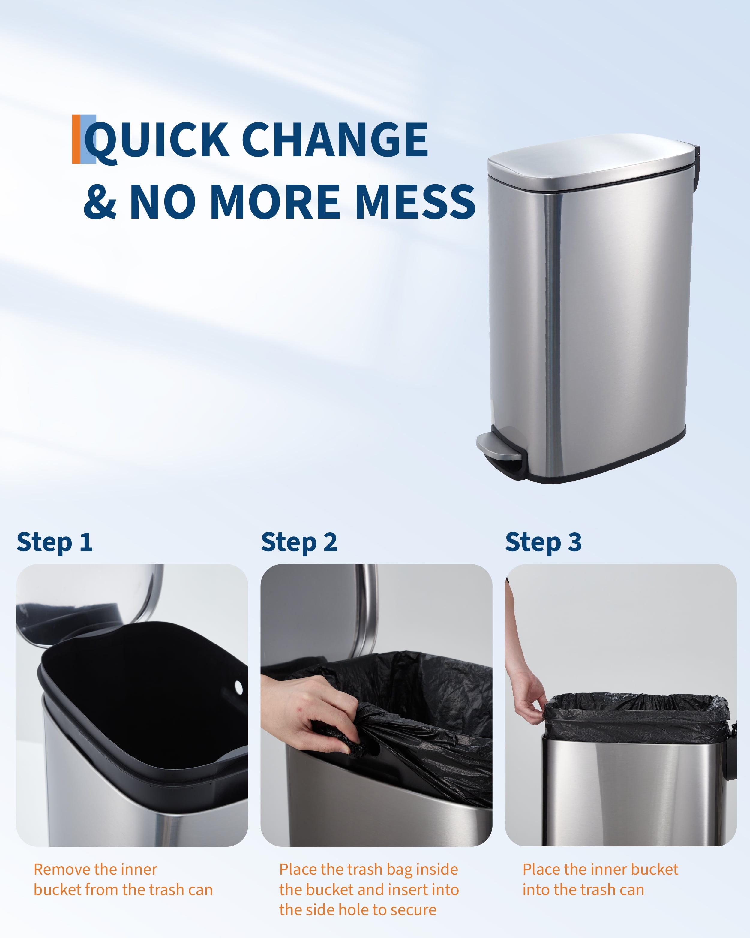 13 Gallon Kitchen Trash Can with Pedal, Slim Stainless Steel Soft Close Lid Bin, Removable Inner Bucket, Space Saving Recycling for Home, Office, Bathroom, Grey EliteEdge