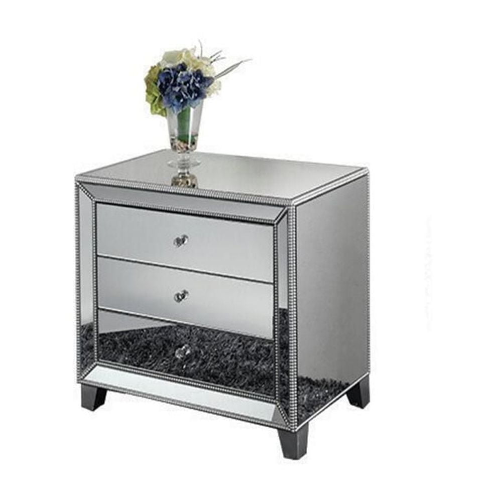 Table de chevet miroir Tuke, table de chevet miroir, table de chevet de chambre à coucher, table de chevet en MDF, table de chevet miroir, table de chevet argentée, table de chevet à trois tiroirs ave