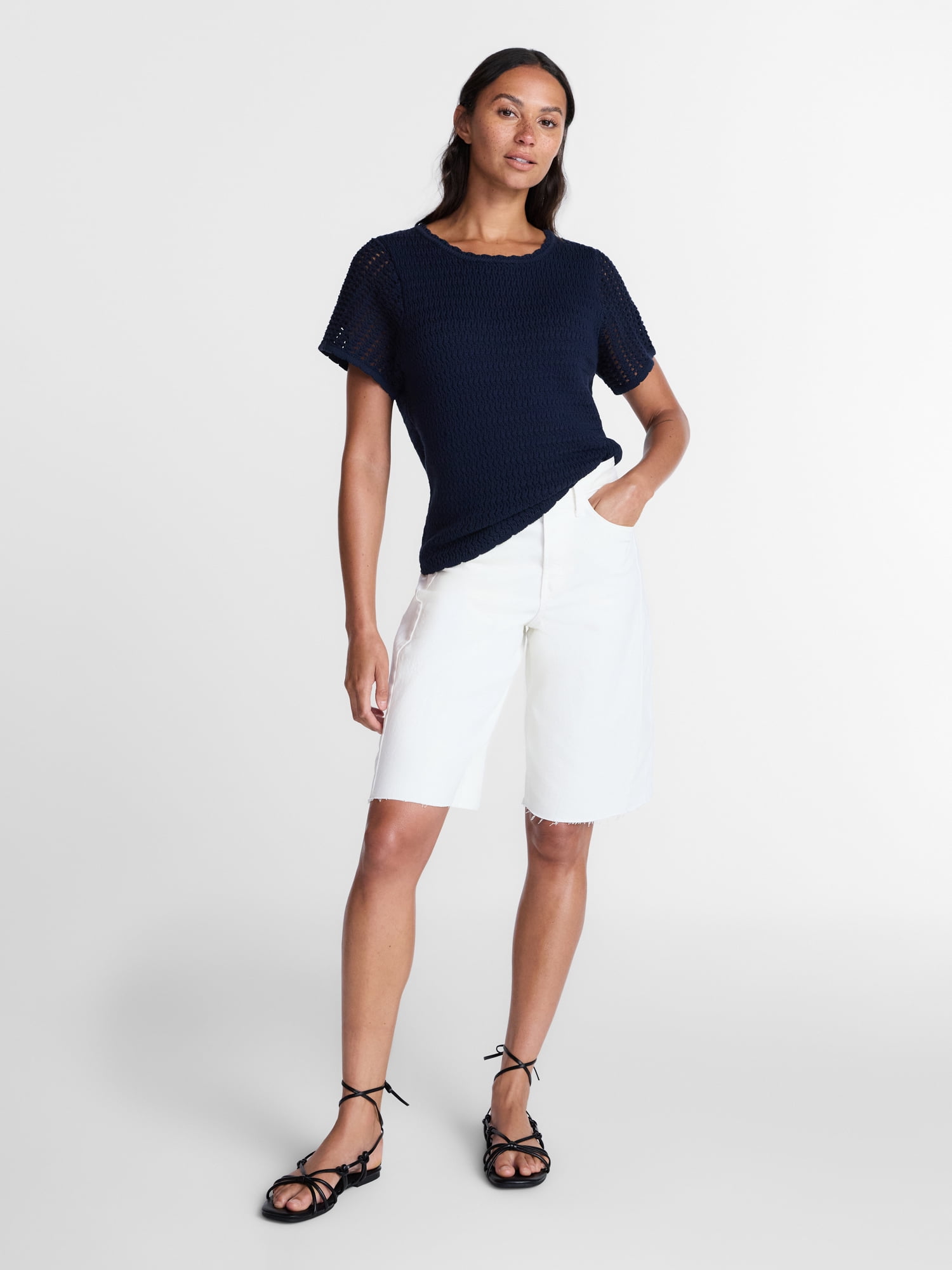 Time and Tru Women's Textured Crewneck Sweater with Short Sleeves, Lightweight, Sizes XS-XXXL