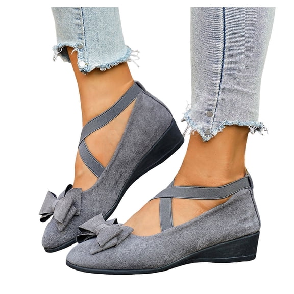 Women's Bowknot Suede Dress Ballet Flats Low Wedge Pointed Toe Slip On Loafers with Elastic Ankle Strap Casual Dress Shoes White Size 9.5