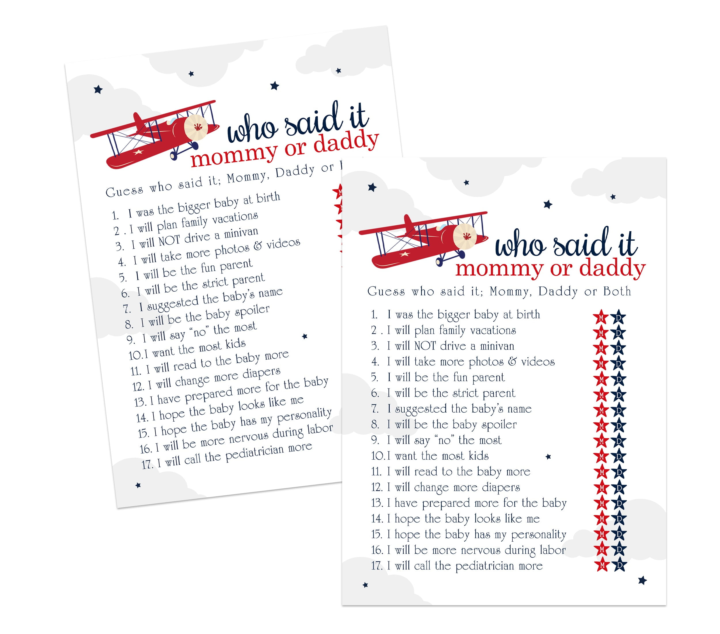 Airplane Baby Shower Mommy or Daddy Game Pack 25 Guessing Activity Cards - Adventure Travel Event Theme Red Blue - Printed 5x7 Size Set - Paper Clever Party