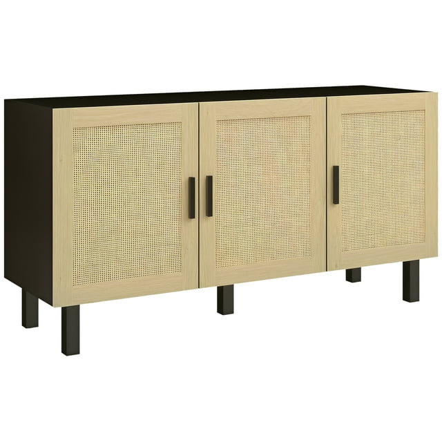 HOMCOM Buffet Boho, Armoire de Bar à Café avec Portes en Rotin, Noir
