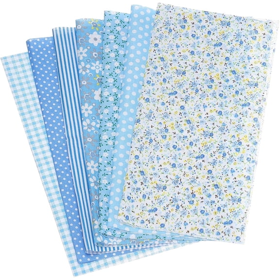 Cotton Fabric Bundles, 7 Pcs 10 x 10 Inch Pure Cotton Fat Quarter Floral Printed Precut Fabric Squares for Sewing Patchwork Quilting DIY Crafts, Blue