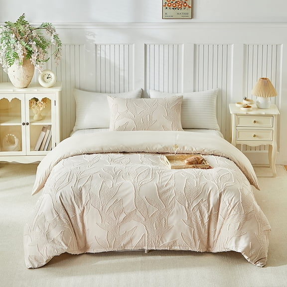 ChliEarime Heicatte Khaki Embossed Floral Texture Soft Microfiber Bedding Comforter Cover With 2 Matching Pillow Shams Zipper Closure Full Size