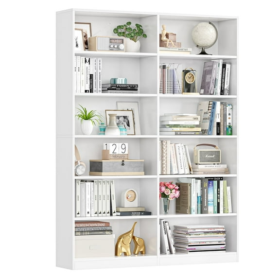 Homfa 74.3” Double Wide 6-Tier Bookcase, Extra Large Wooden Freestanding Display Bookshelf for Home Office Living Room, White