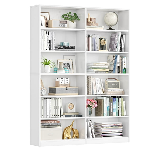 Homfa 74.3” Double Wide 6-Tier Bookcase in white, featuring a freestanding design with 12 large compartments for books and decor. Made of sturdy engineered wood with a melamine-coated surface, it resists scratches and is easy to clean. Each shelf supports up to 30 pounds. The bookcase includes anti-tipping devices for secure wall mounting, making it suitable for living rooms, home offices, or study areas.