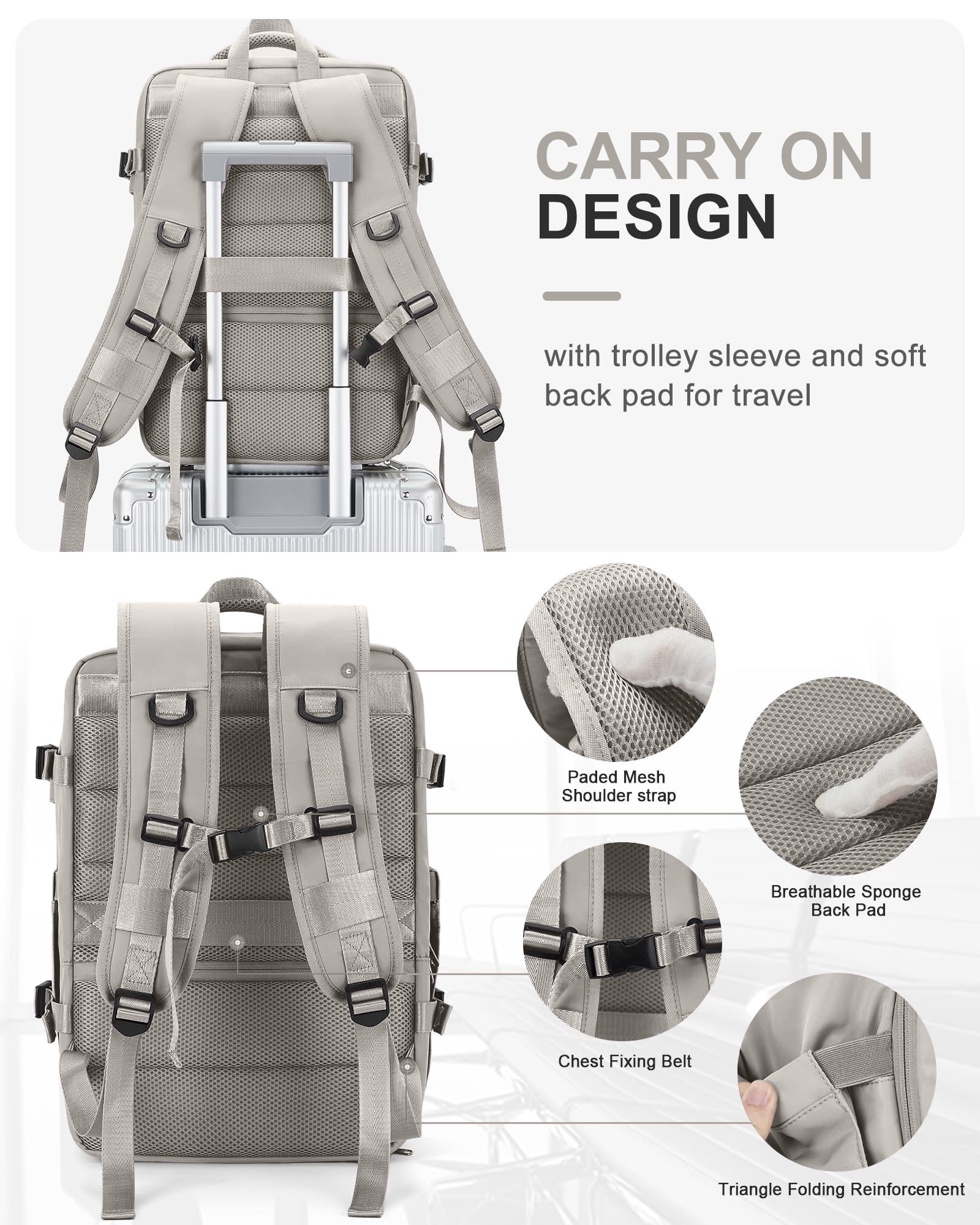 DAKIMOE Large Travel Backpack for Adults Carry on Laptop Backpack Flight Approved Waterproof College Bag with USB Charging Port & Shoe Pouch Casual Daypack for Women Men for Weekender Business, Gray