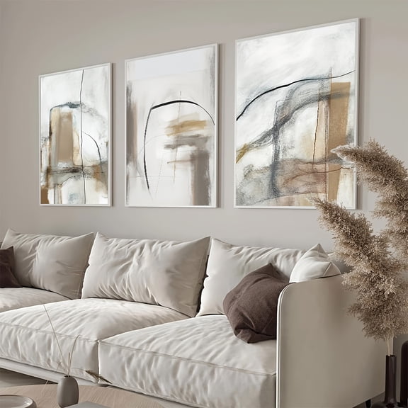 3pcs Unframed Beige and Grey Canvas Paintings Abstract Watercolor Posters and Prints Modern Minimalist Wall Art Pictures Living Room Bedroom Office Corridor Decor No Frame