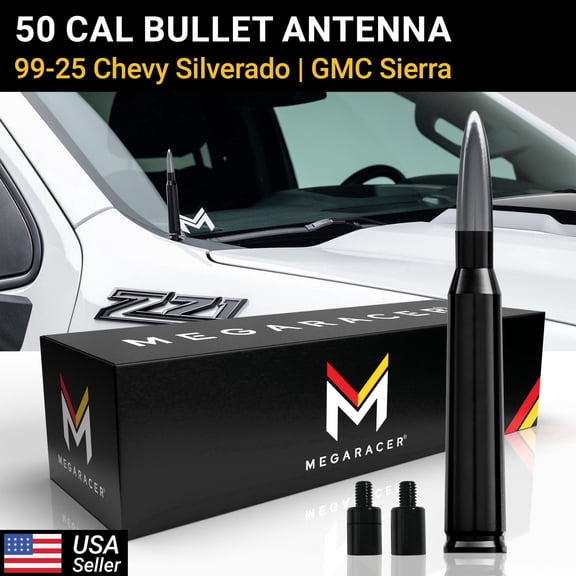Mega Racer Gunmetal Black 50 Cal Bullet Antenna for 1999-2026 Chevy Silverado & GMC Sierra – Short Truck Antenna Replacement