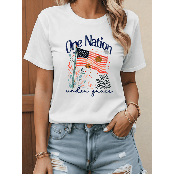 Retro "One Nation"Graphic Tee Women Soft Cotton T-Shirt Classic Comfort Fit Casual Top White S-5XL