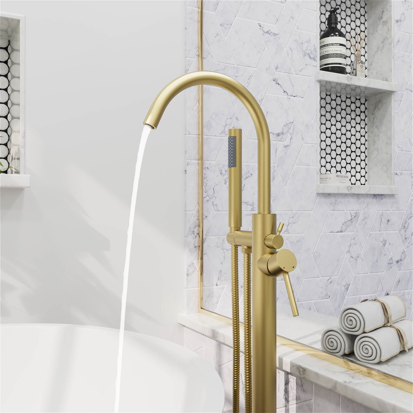GT Freestanding Tub Faucet, High Flow Independent Free Standing Bathtub Faucet with Handheld Shower & Gooseneck Spout, 360°Swivel Tub Filler, Brass Body, Brushed Gold