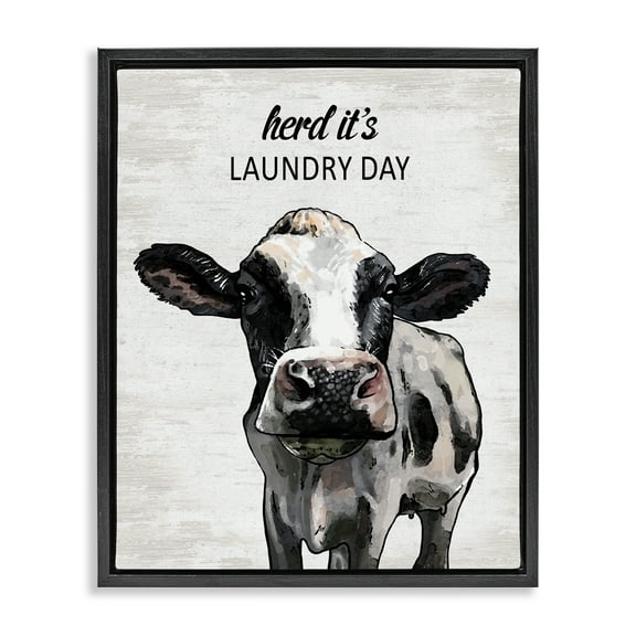 Stupell Industries Herd It's Laundry Day Cow Quotes and Sayings Painting Black Floater Framed Canvas Art Print Wall Art, 17 x 21
