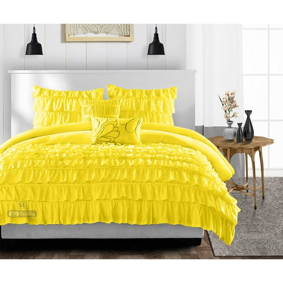 SGI SuperKing P Plus Multi Ruffle Comforter Set Microfiber Yellow 3 Piece