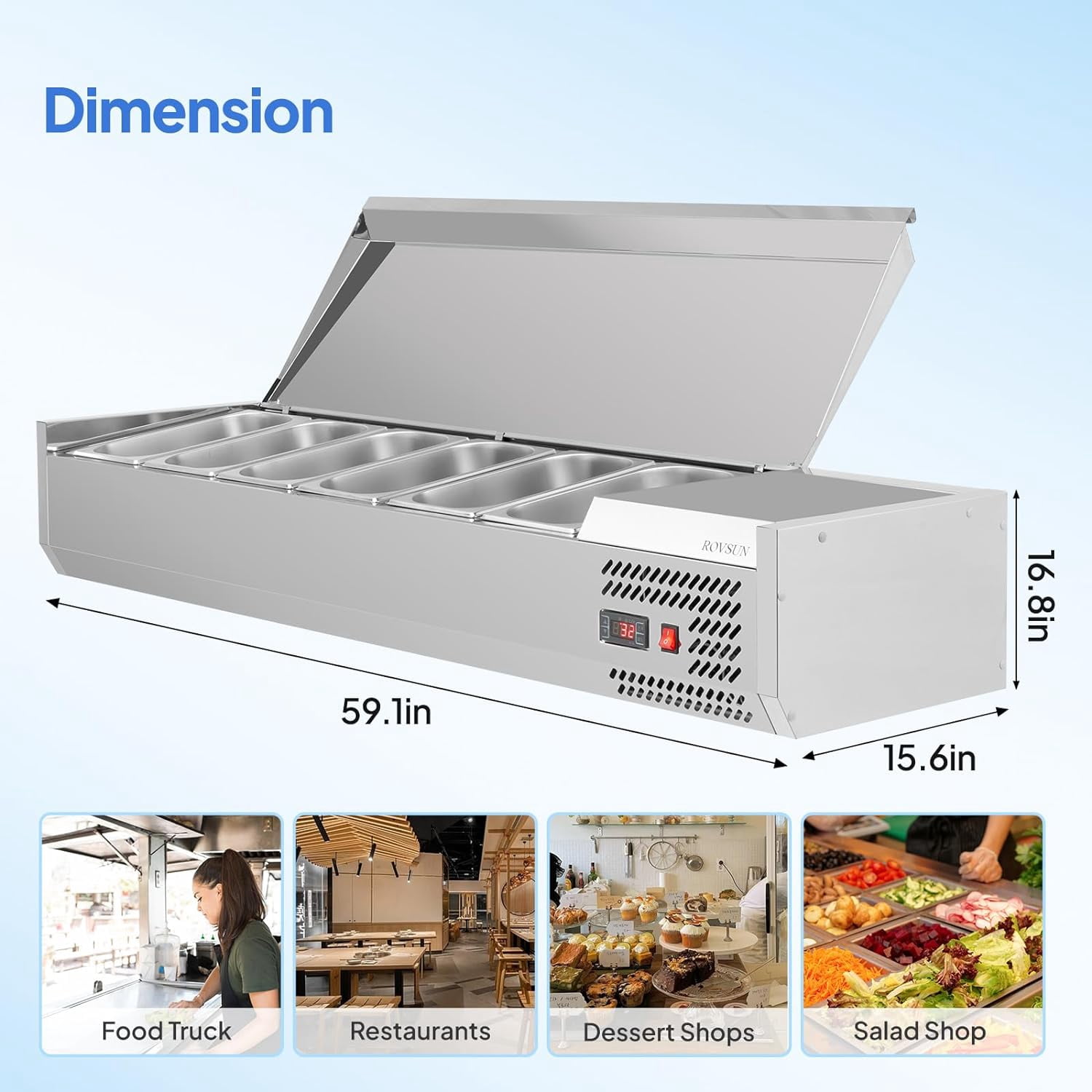 ROVSUN 59" Refrigerated Condiment Prep Station Sandwich Prep Table, 34.2QT Salad Bar Prep Table w/Auto Defrost Temperature Control Stainless Steel Cover 6 * 1/3 Pans for Restaurant Food Truck