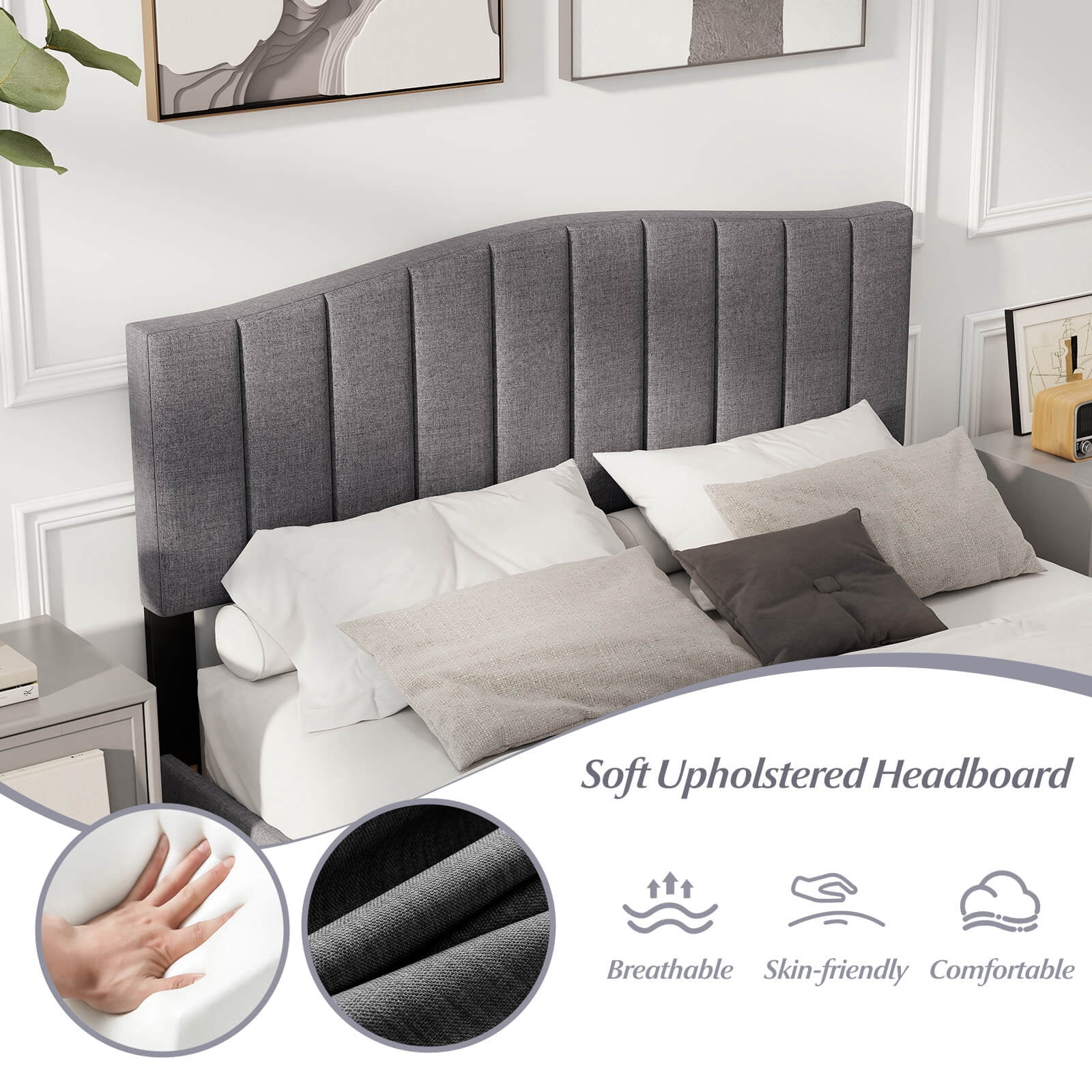 Costway Modern Upholstered Bed Frame Queen Size Platform Bed with Wooden Slat Support