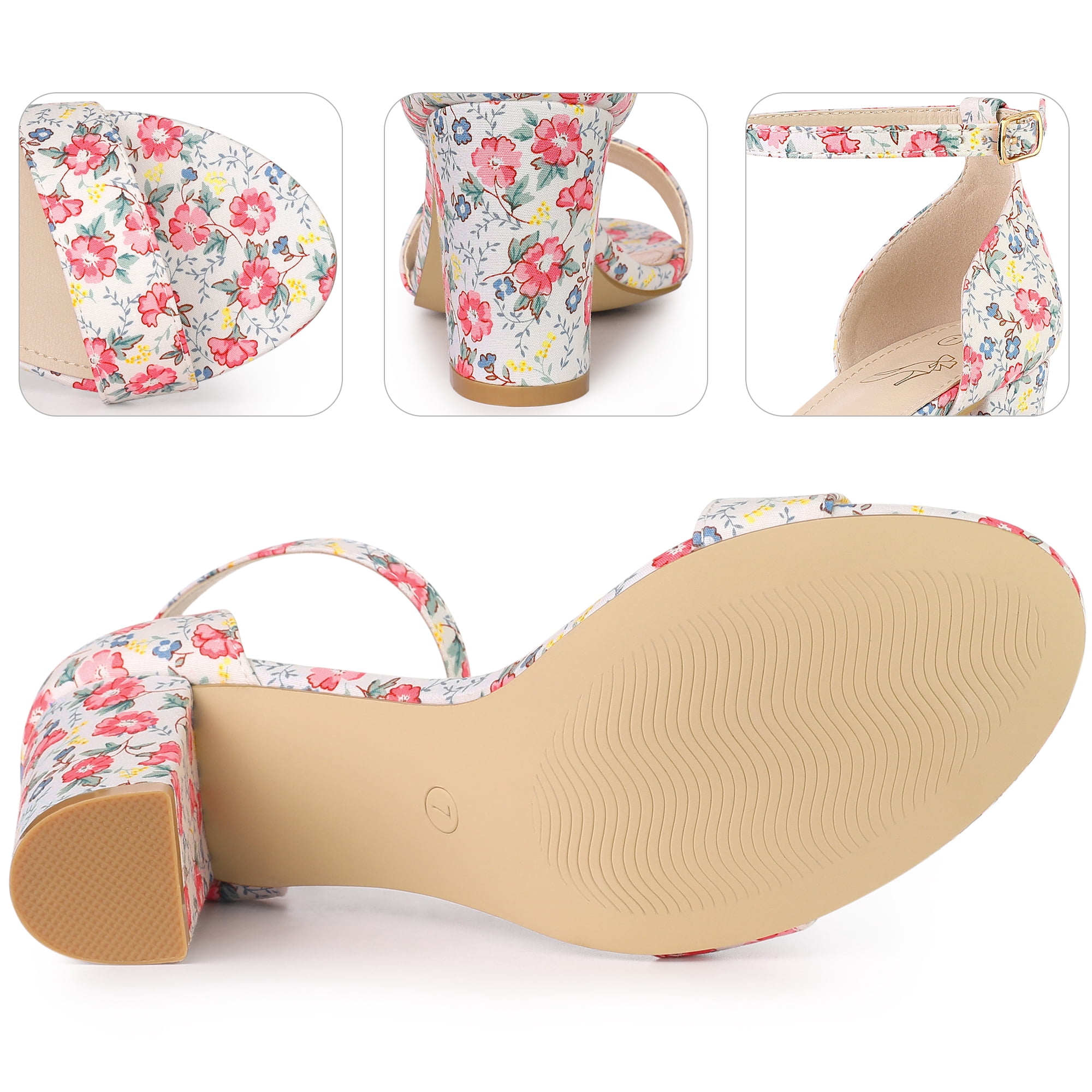 DARING DIVA Women's Floral Open Toe Ankle Strap Chunky Heel Sandals Red Flower 7.5