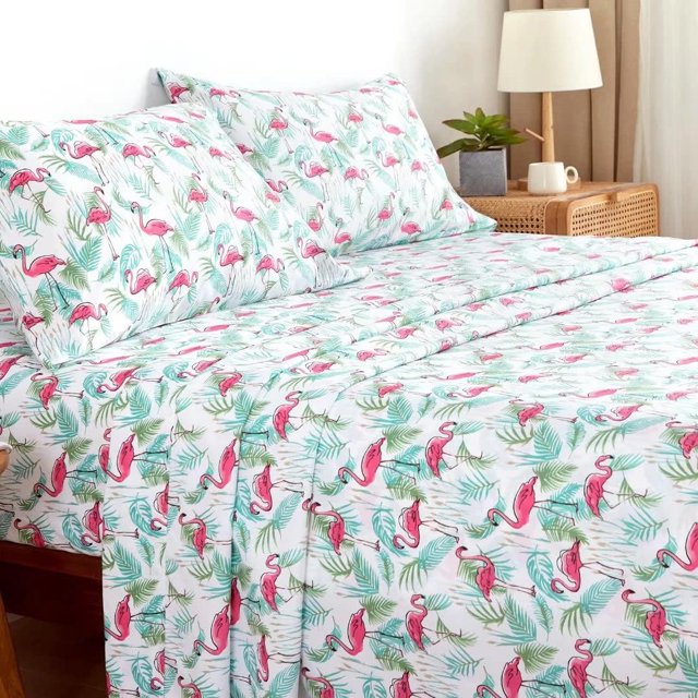 King Size Bed Sheets Set PC Soft Cooling Thread Count Microfiber Printed Sheet Deep Pocket Breathes Better Machine Washable Tropical Palm Tree Fronds Patterned Double