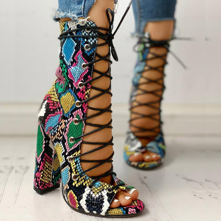 Jsezml Women s Chunky Block High Heel Sandals Multicolor Snakeskin