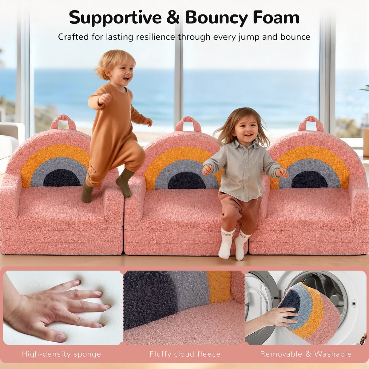Toddler Sofa, 2-in-1 Kids Sofa, Easy to Move Toddler Chair, Toddler Beds for Gift, Rainbow