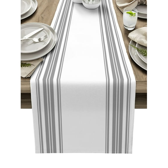 Grey Striped Table Runner 70 Inches, Modern White Striped Abstract Art Aesthetics Bed Runner Dresser Scarves Tabletop for Indoor Outdoor Parties/Ceremony/Banquet, 13" x 70"