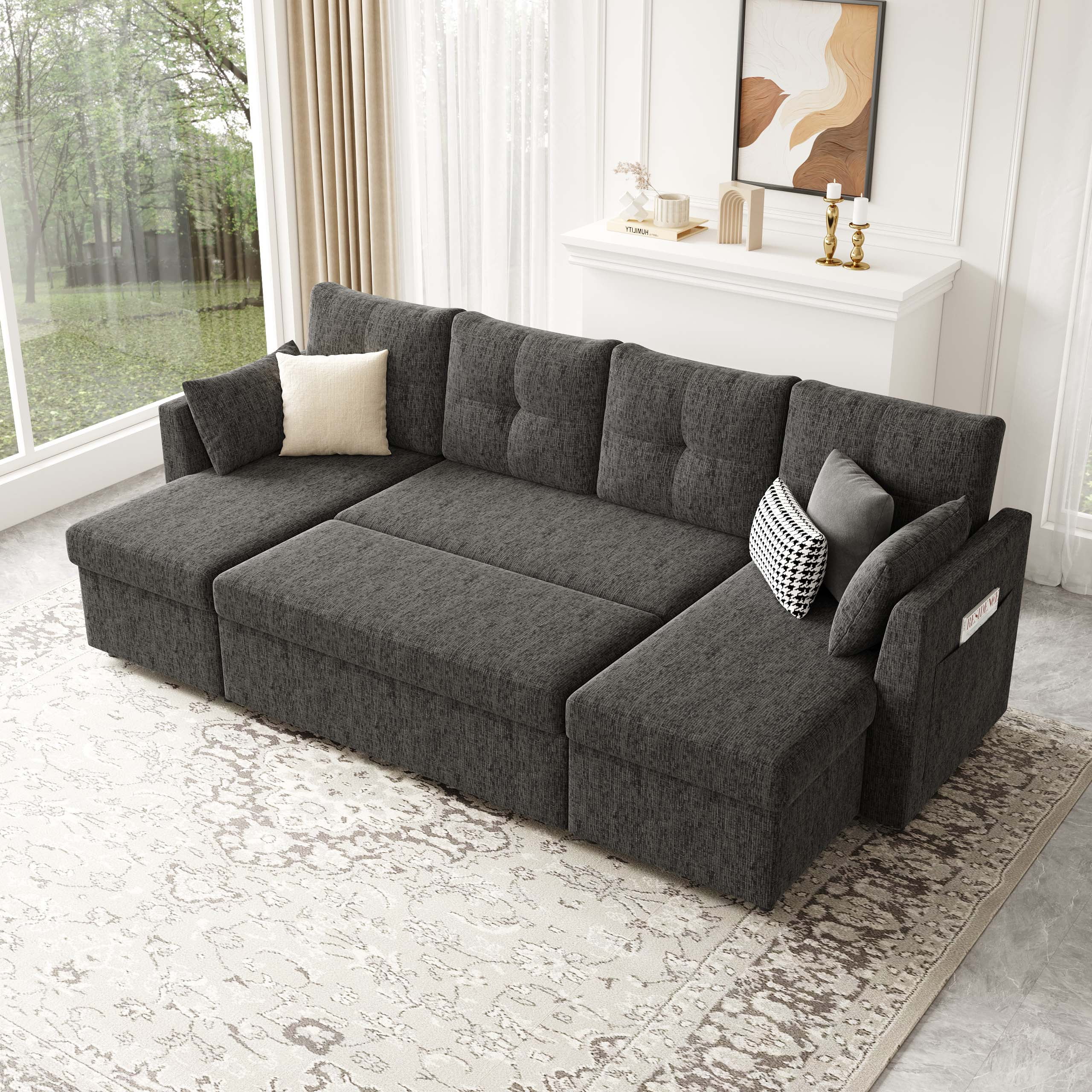 Mangodan 110 inch Sectional Oversized Sleeper Sofa with Side Pocket , Pullout Couch Bed with Double Storage Chaise, Black