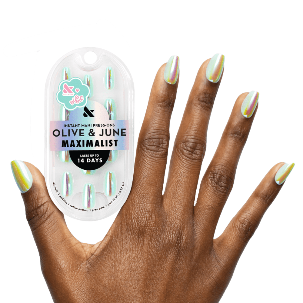 Olive & June + Bubble Instant Mani Medium Coffin Press-on Nails, Teal Glass Chrome, 42 Pieces