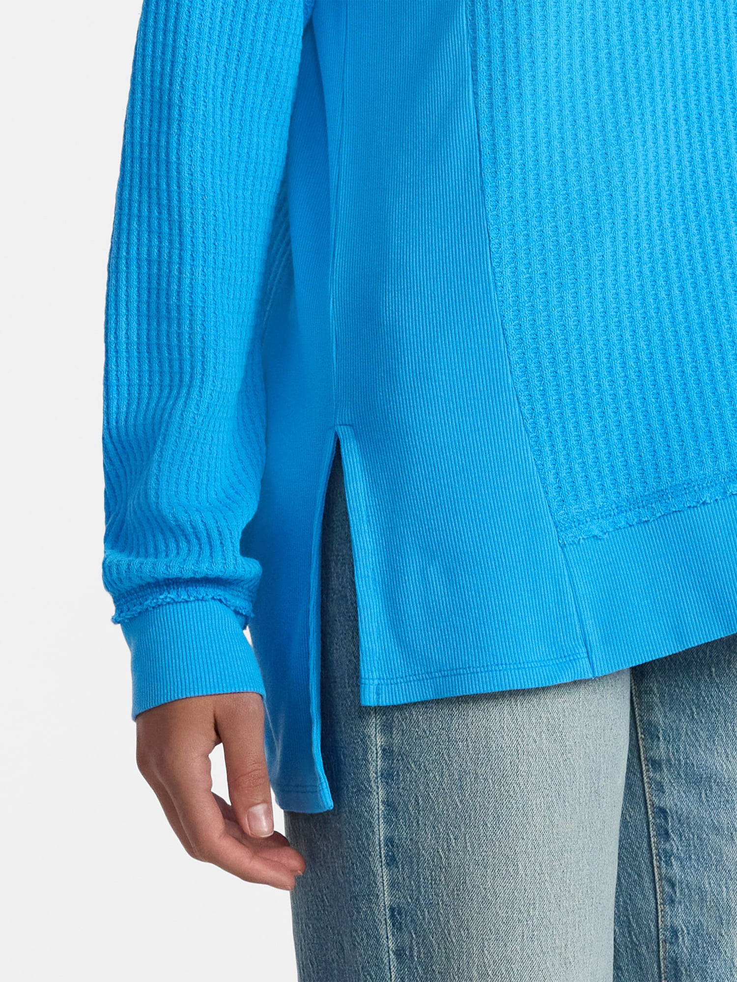 Time and Tru Women's Waffle Knit Tunic V-Neck Sweatshirt with Long Sleeves, Sizes XS-3XL