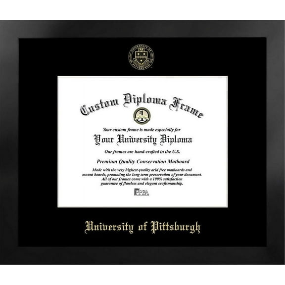 University of Pittsburgh 11w x 8.5h Manhattan Black Single Mat Gold Embossed Diploma Frame with Bonus Campus Images Lithograph (value savings at $59)