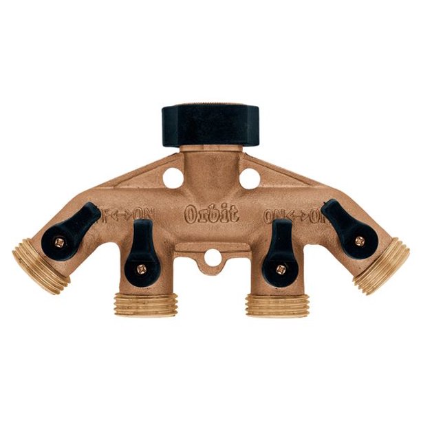 Orbit 4-Port Brass Water Hose Faucet Manifold Splitter w/ Shut off