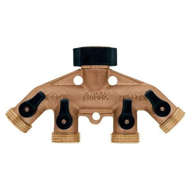 Orbit 4Port Brass Water Hose Faucet Manifold Splitter w/ Shut off