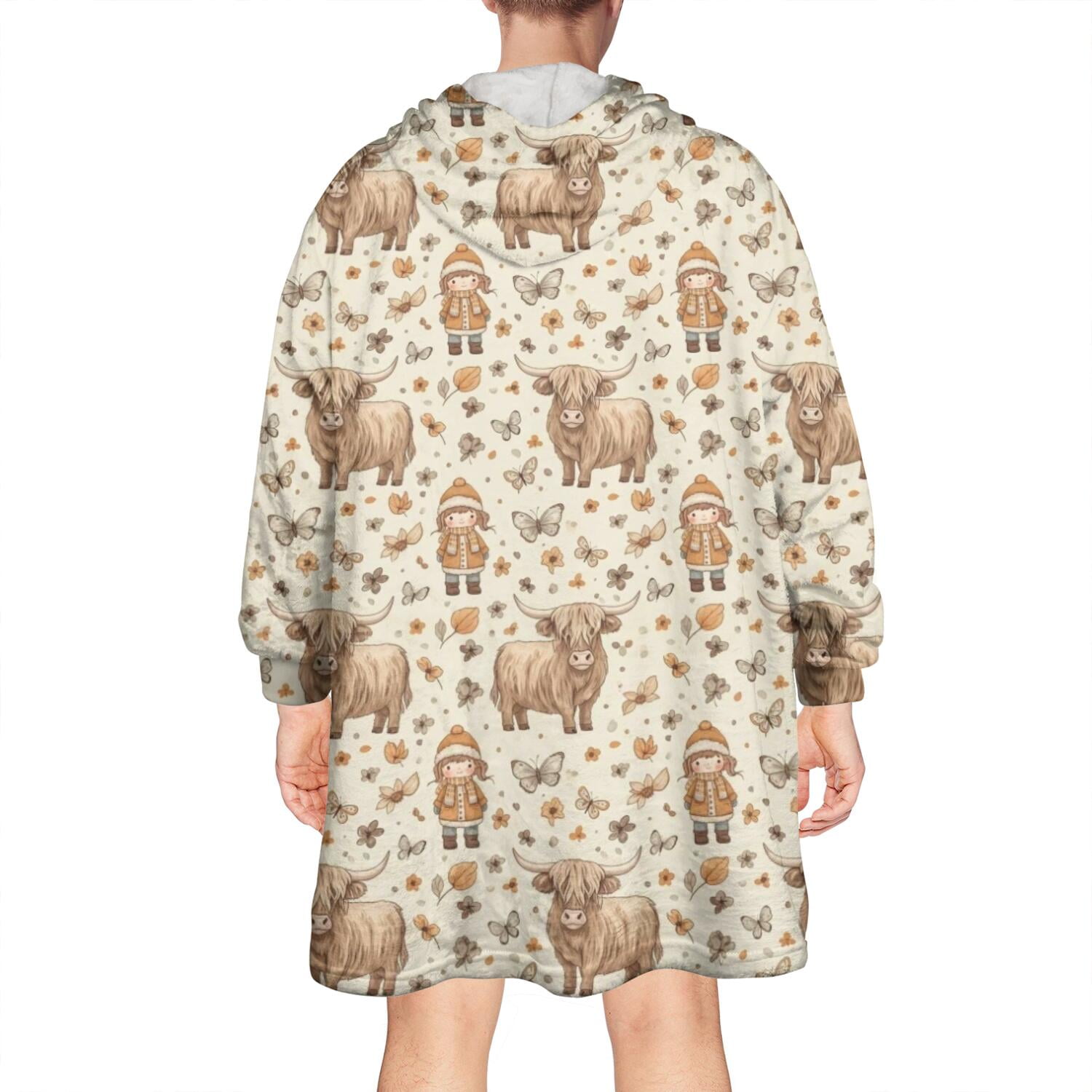 Beige Highland Cow Doll Pattern Wearable Oversized Blanket,Wearable Blanket Hoodie for Adults,Cozy Hooded Blankets with Super Pockets,Super Warm Fuzzy Pullover for Women & Men