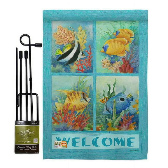 Breeze Decor BD-SM-GS-107051-IP-BO-D-US16-SB 13 x 18.5 in. Tropical Fish Collage Coastal Sea Animals Impressions Decorative Vertical Double Sided Garden Flag Set with Banner Pole